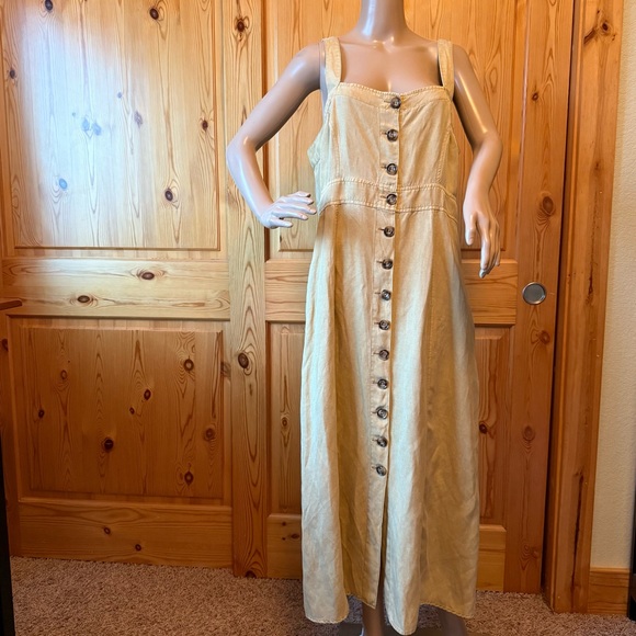 Sundance Dresses & Skirts - Sundance Tencel Linen Blend Midi Dress L Button Down Sleeveless Beige Yellow
